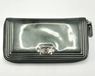 Chanel Grey Coco Mark Patent Leather Boy Round Zipper Long Wallet
