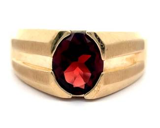 Men's Oval Garnet Solitaire Beveled Ring in Yellow Gold