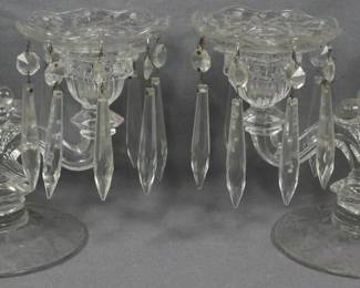 188 - Pr Cambridge Elaine Etch Candlesticks 6.5" 2 light with bobeches & prisms formed cornucopias in middle
