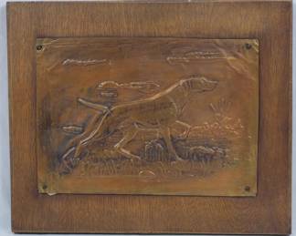 1383 - Pointer Dog Metal Relief on Wood 9x11
