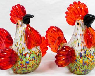 218 - Pair Murano Glass Chickens 6"
