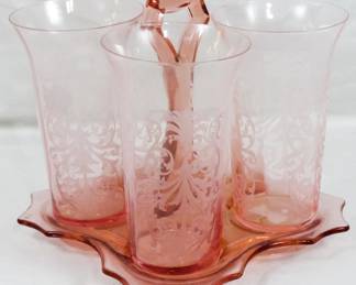 163 - Cambridge Etch #695 Pink Bridge Set, 3 Glasses 3 Tumblers only on handled tray
