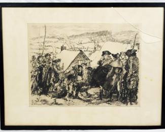 209 - Framed Valley Forge Sketch, Pencil Signed Glass Cracked 15x20
