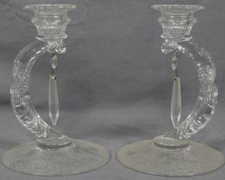 182 - Pair Cambridge Candlesticks Diane Etch 8"
