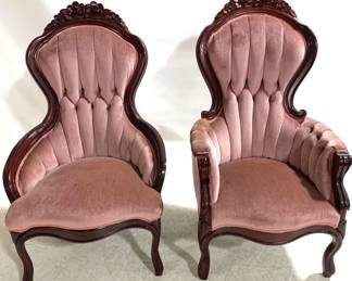 3002 - Pair Rose Carved Victorian Tufted Chairs 45" x 25" x 30"
