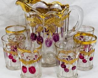 47 - Cherry Pitcher w/ 6 Glasses Pressed Glass Set some chips
