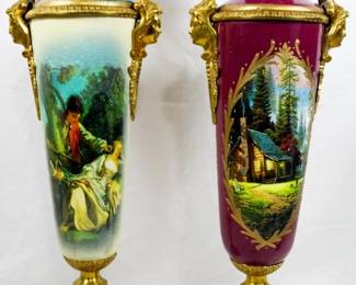 219 - Pair Painted Porcelain Urns 22"
