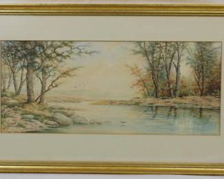 1380 - Ed Solomon "River Scene" Watercolor 1896 14x23
