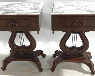 3033 - Pair Lyre Base Marble Top Tables 27" x 19" x 16"
