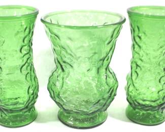 5030 - 3 Green Glass Vases - 8.25" & 8" Tall
