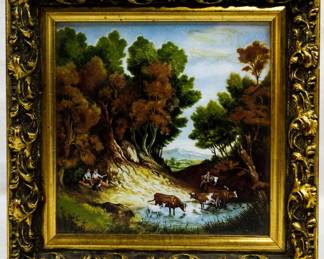 161 - Vintage Framed Tile w/ Cows 5.5x5.5
