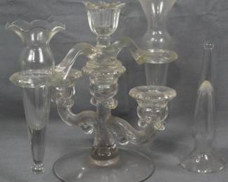 196 - 5 Cambridge Arms Pieces 3 light candleholder, tulip arm, 3 assorted size fluted vases
