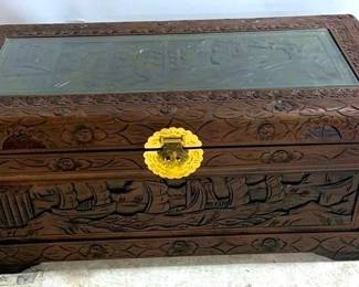3083 - Carved Wood Trunk w/ protective glass top 16 x 35 x 17
