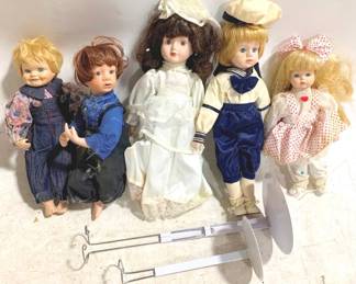 3387 - 5 Porcelain Dolls w/ 2 stands - 18" tall

