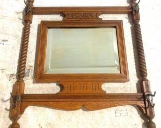 3177 - Eastlake Walnut Carved Mirror w/ Hat Hooks 26" x 24"
