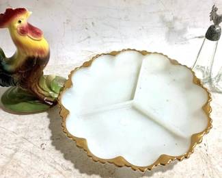 3389 - Milk Glass Divided Plate w/ Rooster Items


