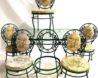 3056 - Vintage 7pc Metal Dinette Set w/ Padded Chairs Table - 29" x 32" x 54" Chairs - 36" x 17" x 19" 1 Missing Seat
