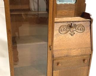 3055 - Vintage Oak Side by Side Bookcase Secretary 68" x 35" x 11" pierce carved, beveled mirror
