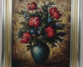 1416 - Signed "Flowers on Table" Framed Oil on Canvas 24.5x20 artist information on reverse

