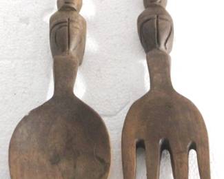 8184 - 2 Carved Wood Spoon & Fork - 12" Long
