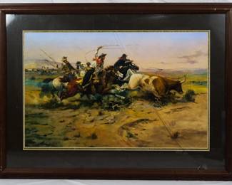 1561 - C.M. Russell "Herd Quitter" 22.5x30.5 glass cracked
