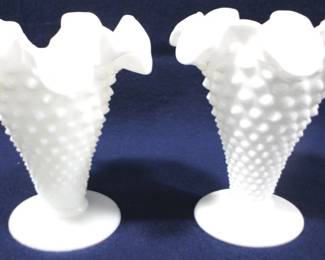 8523 - Pair Fenton Milk Glass Hobnail Vases - 6" Tall
