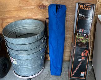 Black & Decker Hedge Trimmer
Chair in bag 
Galvanized Buckets 