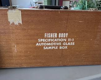 Vintage Automotive Glass Sample wood box from GM Fisher Body
