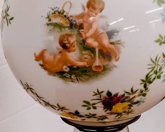 Antique cherub milk glass lamp