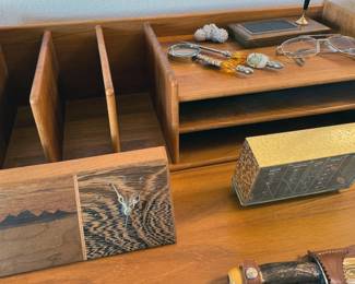Teak office desk tray + wooden clock
