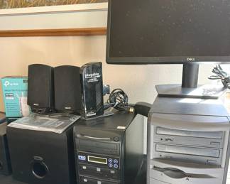 Assorted electronics: Klipsch subwoofer + speakers, Produplicator I-3 CD/DVD burner, Dell computer + monitor