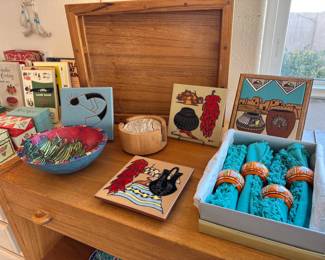 Southwestern tiles, Danish teak rolling cart + tray