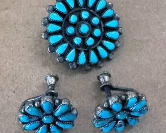 Native American, probably Zuni, brooch + screw-back earrings