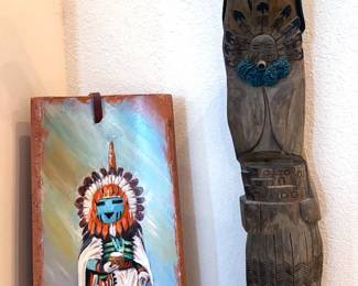Kachina painted on ceramic tile + wooden carved kachina