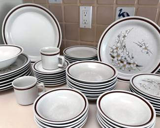 Country Living Timberline china: dinner + salad plates, bowls, cups + saucers, serving pieces