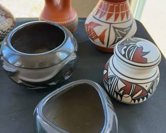Assorted ceramic pots from Santa Clara,Laguna + Navajo/Dine