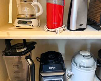 Assorted appliances: Mr Coffee, Krups coffee grinder, Oster can opener, Ninja blender, Salton yogurt maker