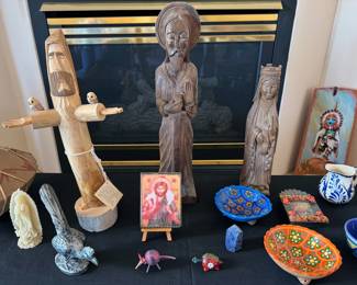 Ben Ortega wood carved St. Francis, assorted religious idoltry