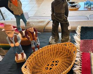 Assorted wood carvings, Native American pine needle basket