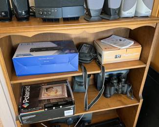 Assorted computer speakers, binoculars, digital picture frame