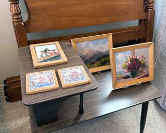 Twin bed headboards, mid-century bi-level side table