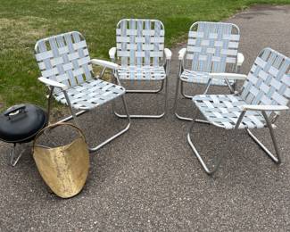 Vintage Folding Chairs, Mini Weber Grill, and Brass Fire Wood Holder