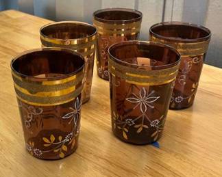 Antique Set of 5 Moser Gold Gilded Cranberry Tumbler Glasses RESERVE 100$