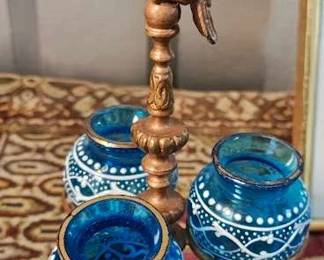 C19th Bouquetiere With 3 Enameled Blue Glasses