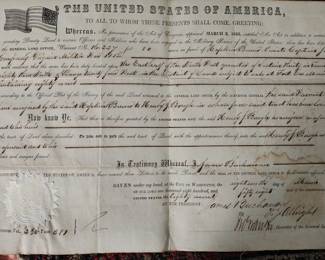 Antique 1858 Land Grant signed by President James Buchanan
