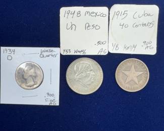 1915 Cuba 40 centavos silver coin, 1948 one peso Mexican silver coin, in 1934D Washington silver quarter 