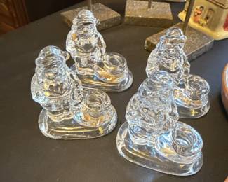 Williams Sonoma Clear Glass Santa Tiny Taper Candle Holders 