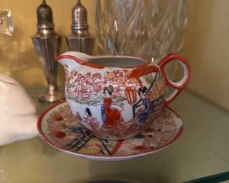 1920s Chinoiserie Painted Teapot and Saucer 
