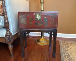 Drexel Heritage Chinoiserie Hand Painted Red Laquered chest on stand