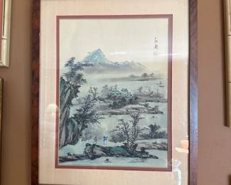 Framed Chinese watercolor landscape 